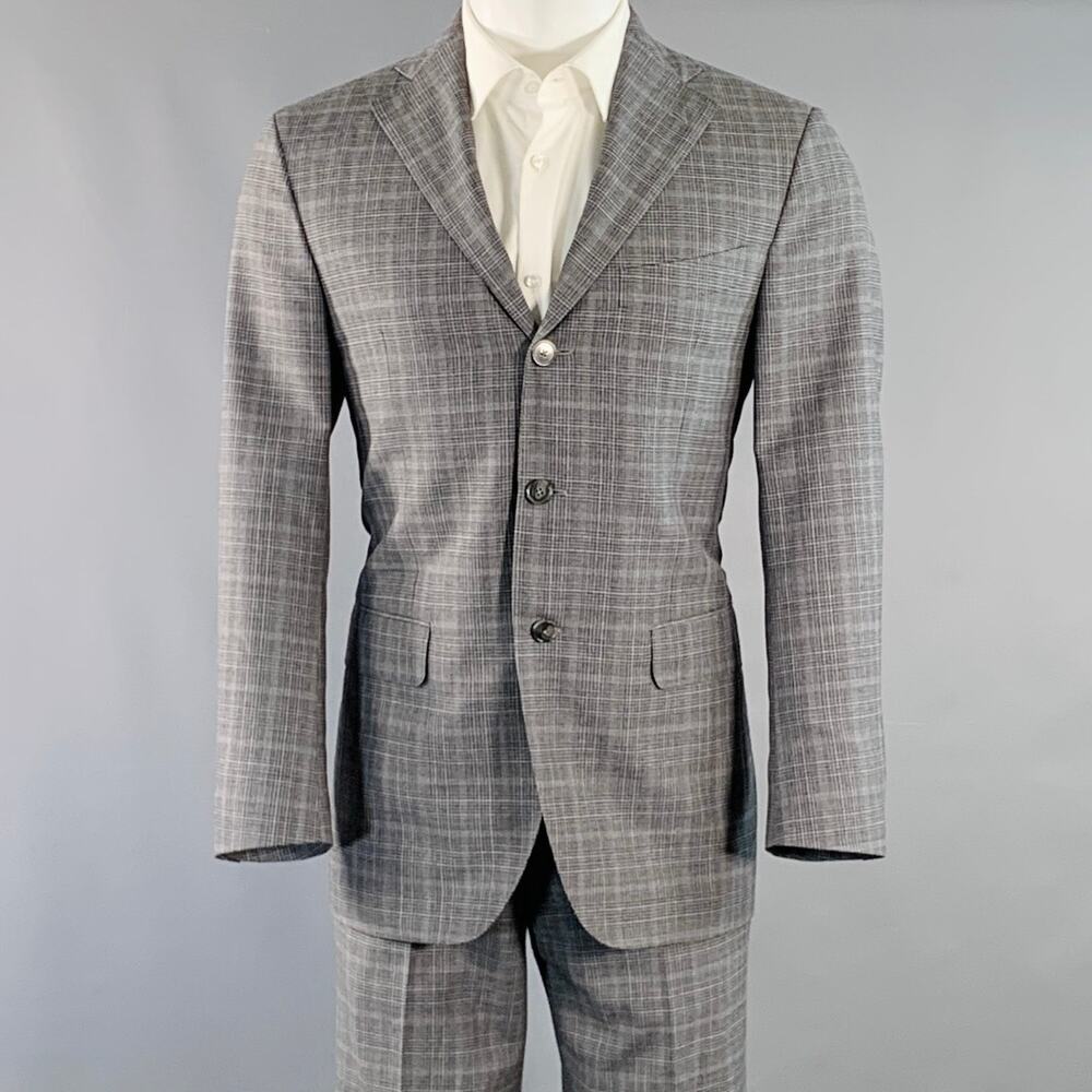 EIDOS Size 38 Regular Grey Charcoal Plaid Wool Notch Lapel Suit